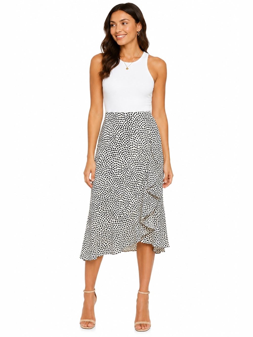 DKNY SZ 10 Black White Polka Dot Skirt‎ Midi Length Ruffle office Career wear